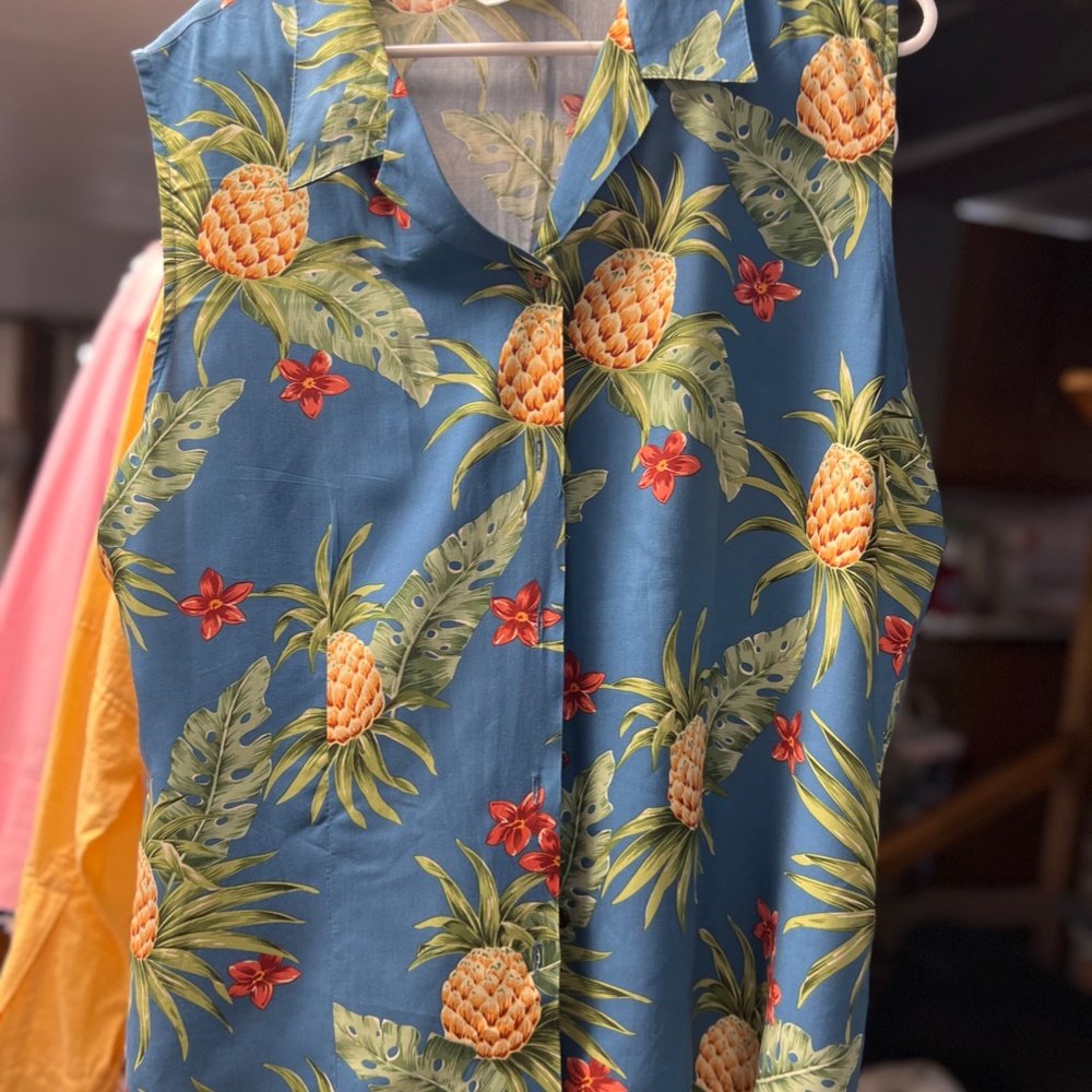 Womens Top, sleeveless. Tropical print in blue, size 2xl, but I think it runs xl